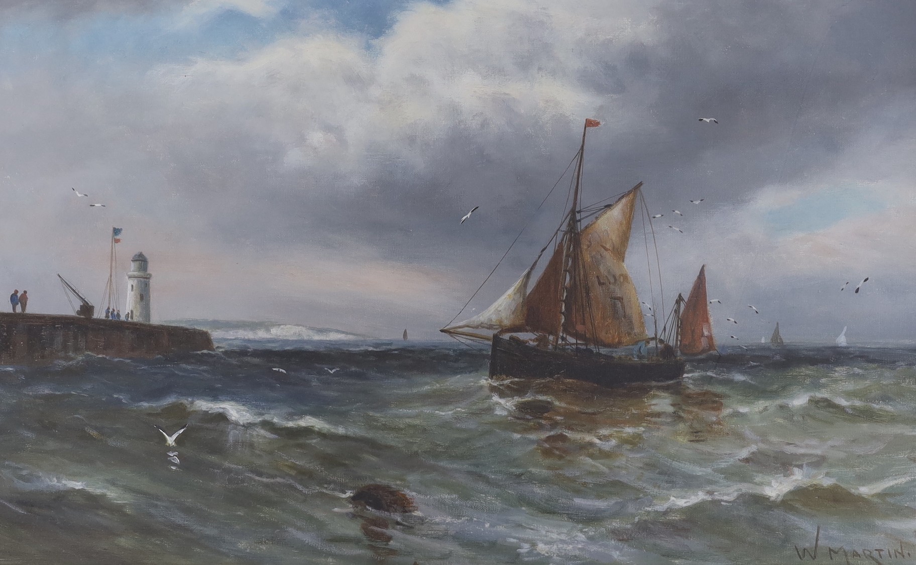 W. Martin c.1900, oil on canvas, Fishing boat entering harbour, signed, 40 x 60cm